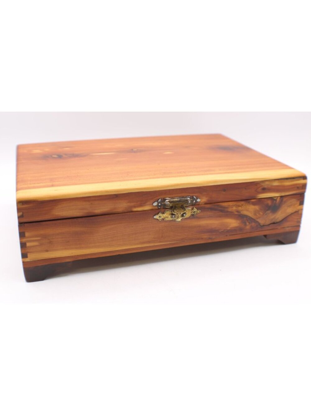 Handmade Wood Jewelry Trinket Box Brass Latch Hinged Footed Design Knotted Vtg